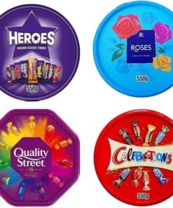 4 x Chocolate Tubs ASSORTED PACK 1 EACH Of Celebrations, Roses, Heroes and Quality Street, Swizels Sweet Shop Favourites Sharing Tub Perfect For Christmas
