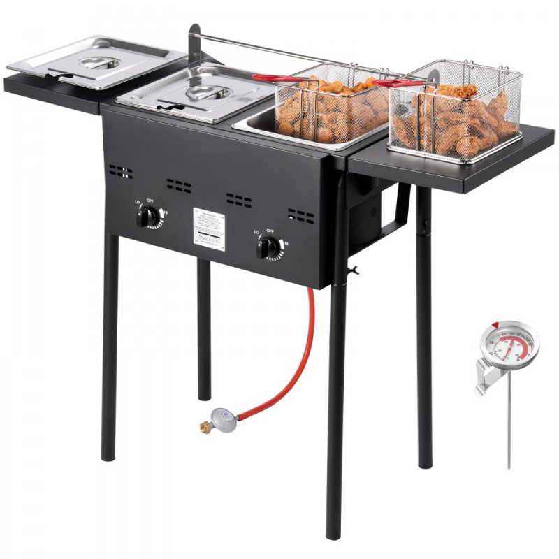 *⚡️Liquidation Sale⚡️ Outdoor Propane Deep Fryer, Dual-Tank 8QTx2 Commercial Fryer, Stainless Steel Cooker with Foldable Platform