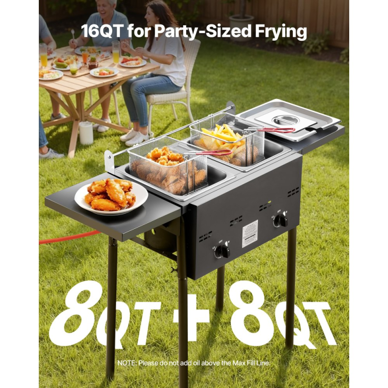 *⚡️Liquidation Sale⚡️ Outdoor Propane Deep Fryer, Dual-Tank 8QTx2 Commercial Fryer, Stainless Steel Cooker with Foldable Platform