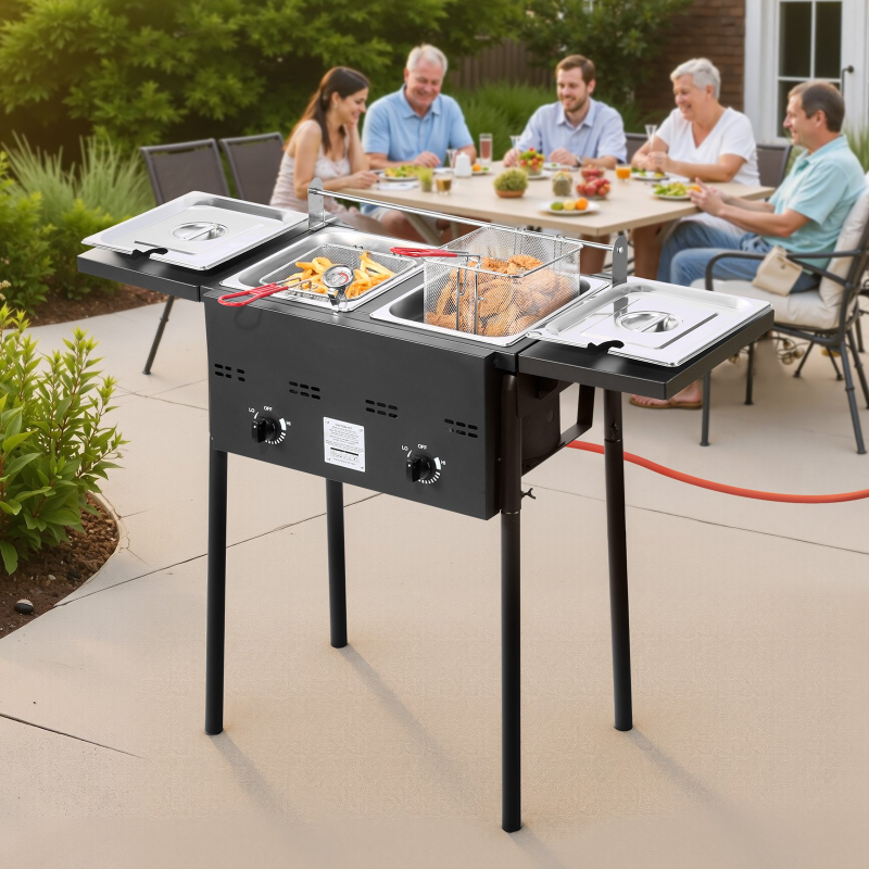 *⚡️Liquidation Sale⚡️ Outdoor Propane Deep Fryer, Dual-Tank 8QTx2 Commercial Fryer, Stainless Steel Cooker with Foldable Platform