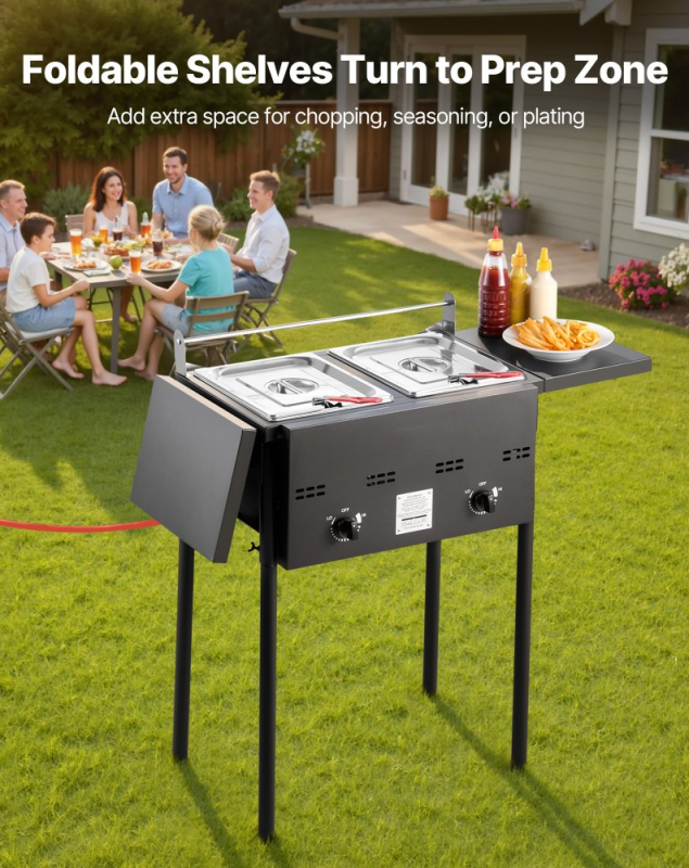 *⚡️Liquidation Sale⚡️ Outdoor Propane Deep Fryer, Dual-Tank 8QTx2 Commercial Fryer, Stainless Steel Cooker with Foldable Platform