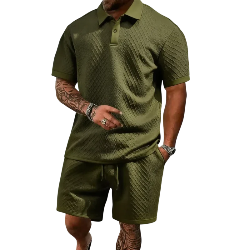 Men's summer casual texture fabric solid color polo shirt T-shirt shorts 2-piece set