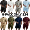 Men's summer casual texture fabric solid color polo shirt T-shirt shorts 2-piece set