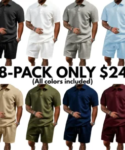 Men's summer casual texture fabric solid color polo shirt T-shirt shorts 2-piece set