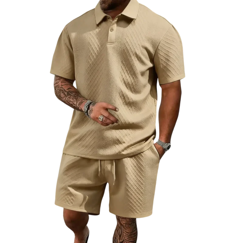 Men's summer casual texture fabric solid color polo shirt T-shirt shorts 2-piece set